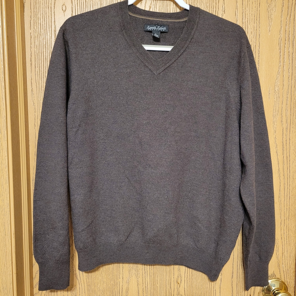 Keneth Roberts Brown Classic V-Neck Sweater 100% Wool Size XL